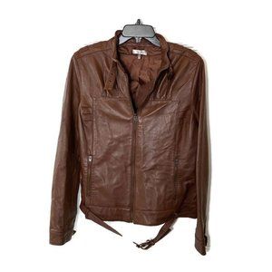 Metro 7 Womens Leather Belted Pockets Moto Bomber Jacket  Size 16 Brown NEW